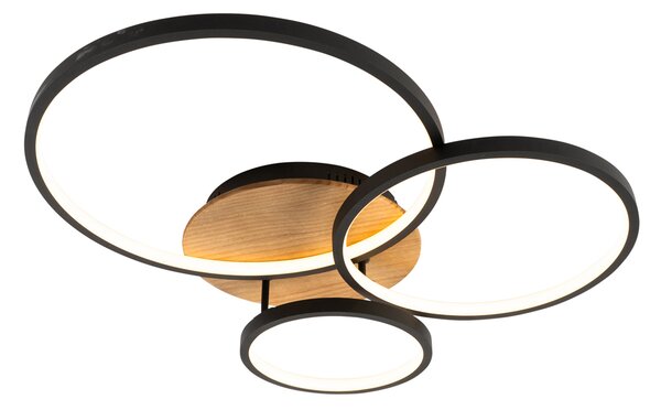 Plafoniera nera con legno incl. LED dimmerabile a 3 livelli 3 luci - Alec