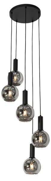 Lampadario Art Déco nero con vetro fumé rotondo 5 luci - Josje