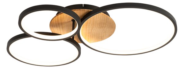 Plafoniera nera con legno incl. LED dimmerabile a 3 livelli 3 luci - Alec