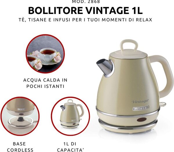 Ariete Bollitore elettrico 1 Litri Potenza 1630 Watt Filtro removibile colore Beige - 2868/03 Vintage
