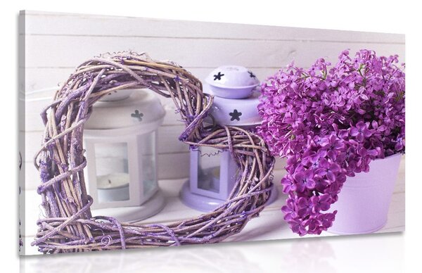 Quadro su tela – Cuore di vimini con lanterne e lilla