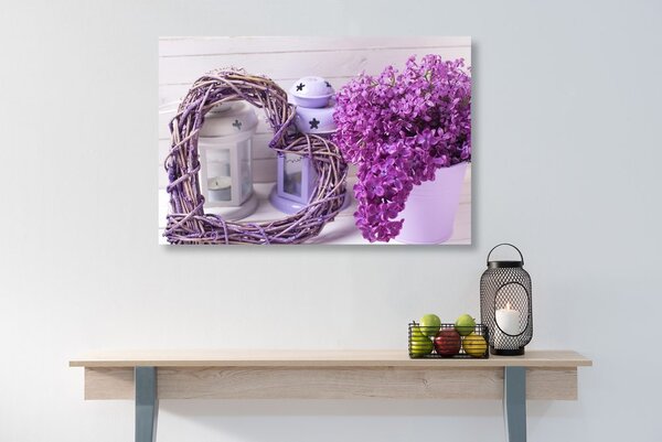 Quadro su tela – Cuore di vimini con lanterne e lilla
