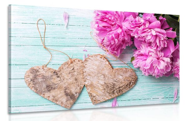 Quadro su tela – Peonie e cuoricini di betulla