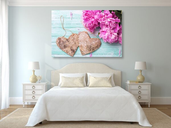 Quadro su tela – Peonie e cuoricini di betulla