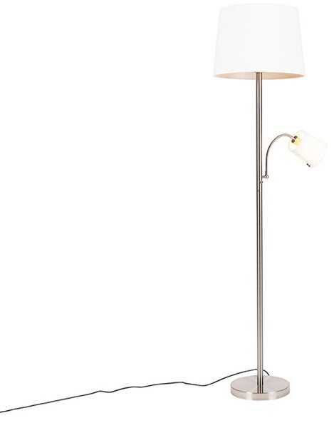 Lampada da terra intelligente in acciaio con paralume bianco incl. Wifi A60 ed E14 - Retro