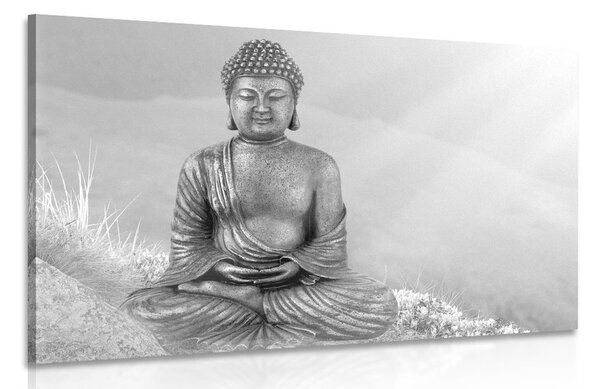 Stampa su tela – Statua del Buddha in posizione meditativa in bianco e nero