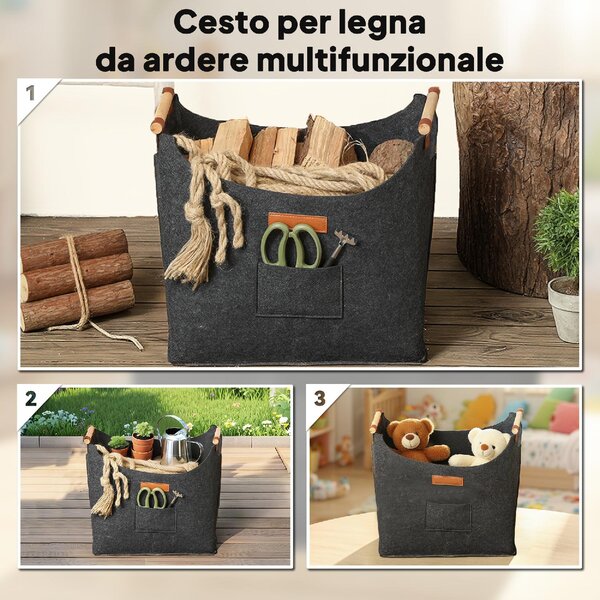 VivaGarden Borsa in Feltro Portalegna da Interno con Manici in Legno Capacit 15 kg 45x32x40 cm colore Grigio - W695CG