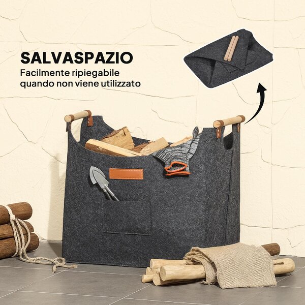 VivaGarden Borsa in Feltro Portalegna da Interno con Manici in Legno Capacit 15 kg 45x32x40 cm colore Grigio - W695CG