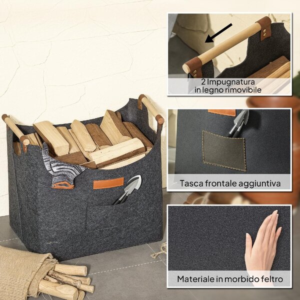 VivaGarden Borsa in Feltro Portalegna da Interno con Manici in Legno Capacit 15 kg 45x32x40 cm colore Grigio - W695CG
