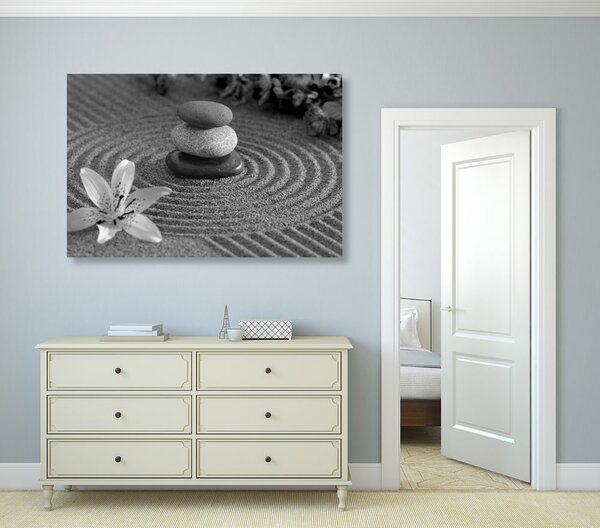 Quadro su tela – Giardino Zen e pietre nella sabbia in bianco e nero