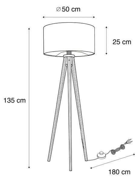 Lampada da terra treppiede in legno di noce con paralume a righe marrone e beige 50cm - Tripod Classic