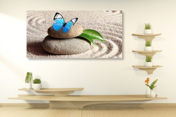 Quadro su tela – Farfalla blu su pietra Zen