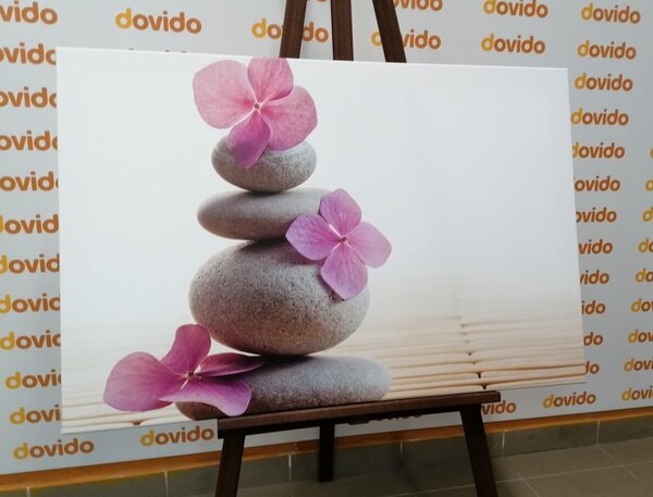 Quadro su tela – Equilibrio di pietre e fiori orientali rosa
