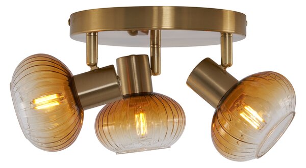 Faretto da soffitto moderno oro con vetro ambra rotondo 3 luci - Teddy