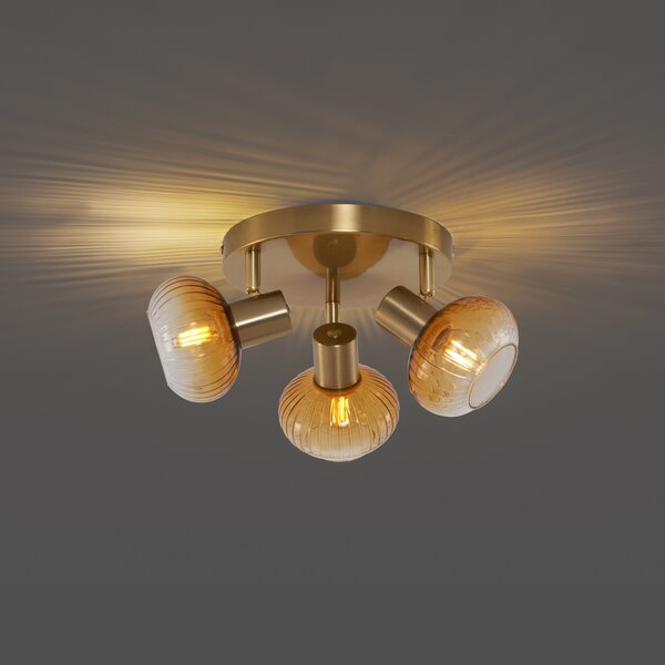 Faretto da soffitto moderno oro con vetro ambra rotondo 3 luci - Teddy