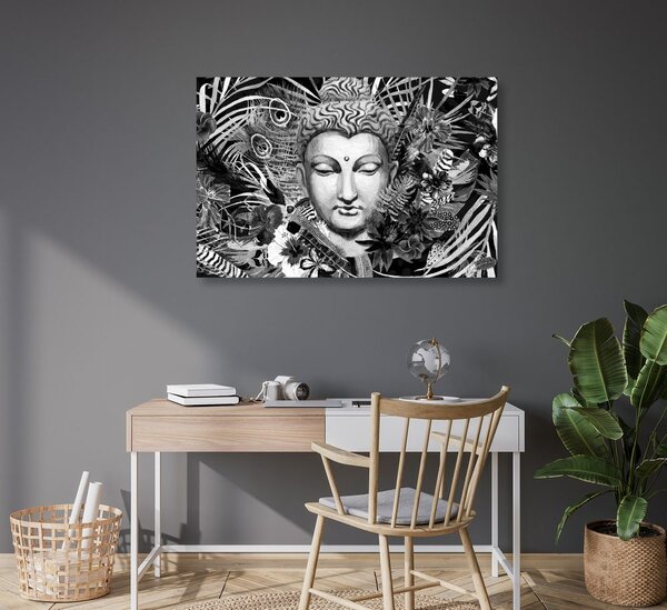 Quadro su tela – Buddha su sfondo esotico in bianco e nero