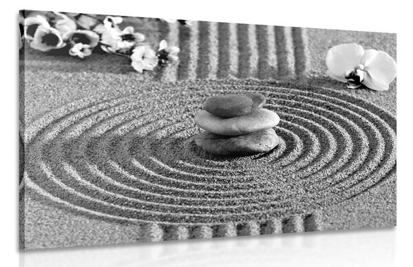 Stampa su tela – Giardino giapponese con elementi Feng Shui in bianco e nero