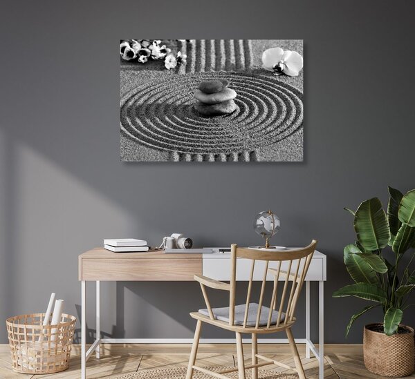 Stampa su tela – Giardino giapponese con elementi Feng Shui in bianco e nero