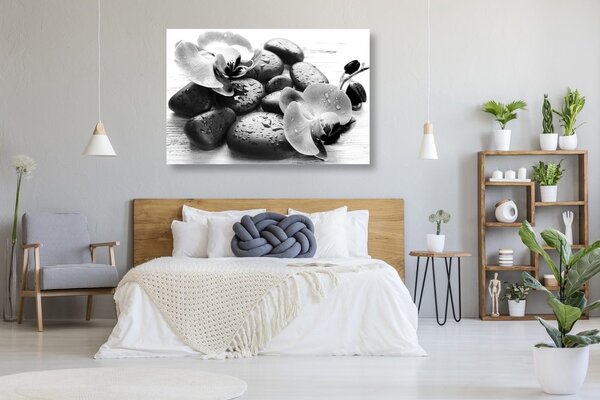 Quadro su tela – Bella armonia di pietre e orchidee in bianco e nero
