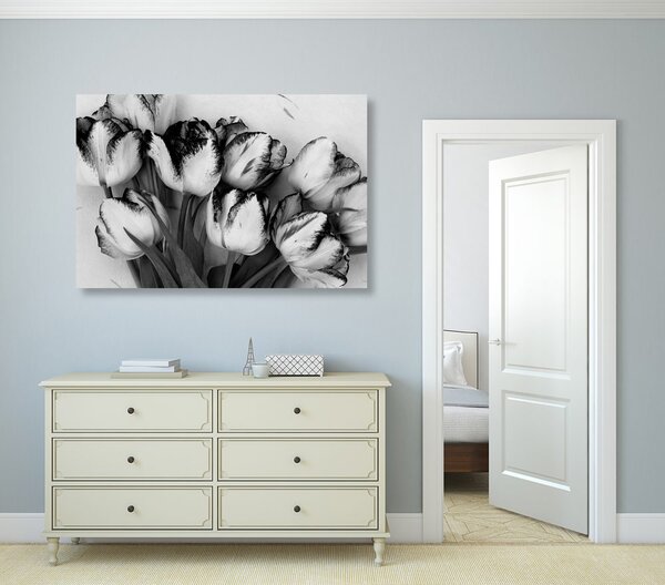 Quadro su tela – Tulipani primaverili in bianco e nero