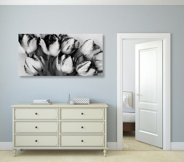 Stampa su tela – Tulipani con tocco primaverile in bianco e nero