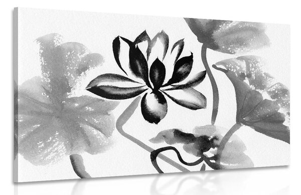 Stampa su tela – Fiore di loto acquerellato in bianco e nero