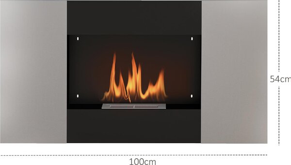DecHome Camino a Bioetanolo 0.9L da Parete con Pannello Protettivo in Acciaio Inox e Vetro 100x15x54 cm colore Nero e Argento - 0BKJ513
