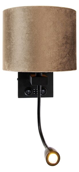 Lampada da parete nera con paralume in velluto marrone 18 cm - Brescia