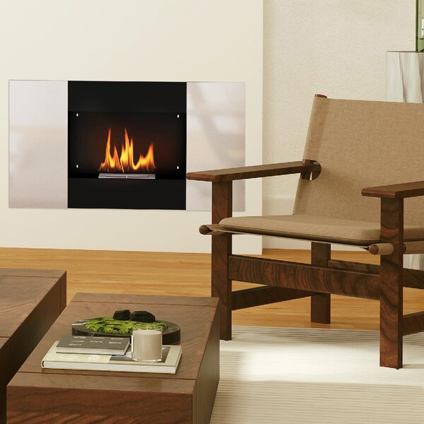 DecHome Camino a Bioetanolo 0.9L da Parete con Pannello Protettivo in Acciaio Inox e Vetro 100x15x54 cm colore Nero e Argento - 0BKJ513