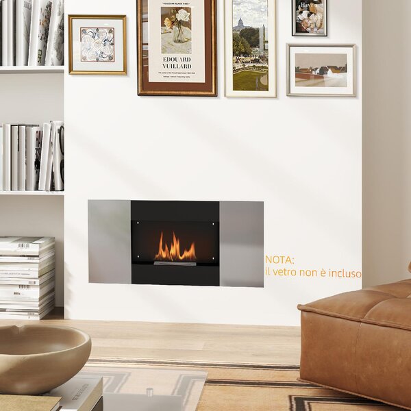DecHome Camino a Bioetanolo 0.9L da Parete con Pannello Protettivo in Acciaio Inox e Vetro 100x15x54 cm colore Nero e Argento - 0BKJ513