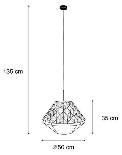 Lampada a sospensione nera con doppio paralume in velluto, motivo foglia e beige - Combi 1