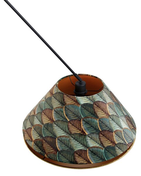Lampada a sospensione nera con doppio paralume in velluto, motivo foglia e beige - Blitz