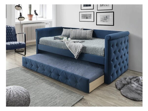 Vente-unique Letto Singolo Con Letto Estraibile LOUISE | 2 X 90x190 Cm | Imbottito Capitonné In Tessuto Blu | Struttura In Legno | Eco-Sostenibile PEFC