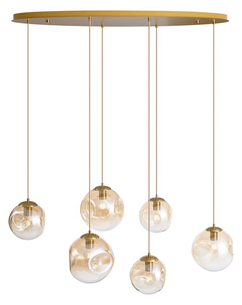 Lampada a sospensione Art Déco ottone con rosone ovale e vetro ambrato 6 luci - Douglass