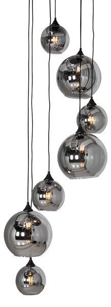 Lampada a sospensione smart nera con vetro fumé rotonda a 7 luci incl. 7 Wifi A60 - Sandra
