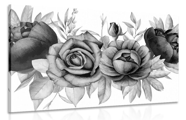 Stampa su tela – Incantevole combinazione di fiori e foglie in bianco e nero
