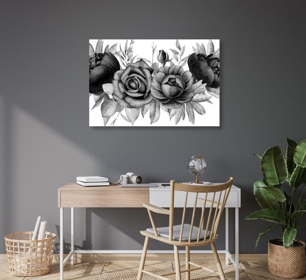 Stampa su tela – Incantevole combinazione di fiori e foglie in bianco e nero