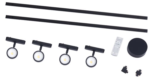 Sistema di illuminazione su binario moderno con 4 faretti neri monofase - Magnetic Lance