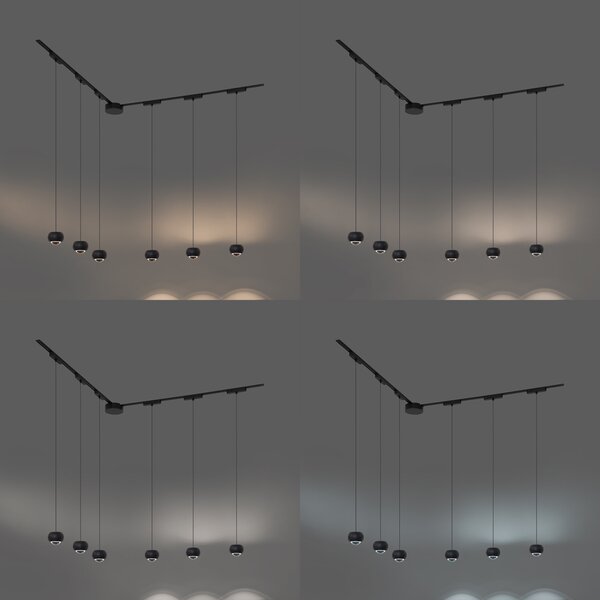 Sistema di illuminazione su binario moderno con 6 faretti a sospensione neri monofase - Magnetic Lance