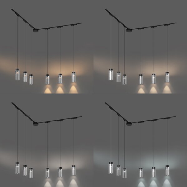 Sistema di illuminazione su binario moderno con 6 faretti a sospensione neri monofase - Magnetic Vance