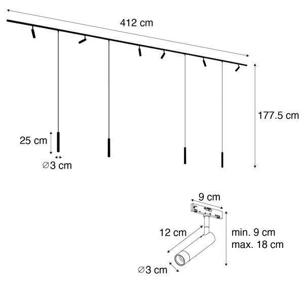 Sistema di illuminazione su binario moderno con 6 faretti e 4 luci a sospensione beige e bianche monofase - Slimline Uzzy Keno