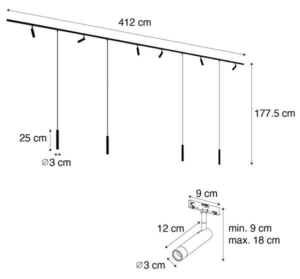 Sistema di illuminazione su binario moderno con 6 faretti e 4 luci a sospensione beige e nere monofase - Slimline Uzzy Keno