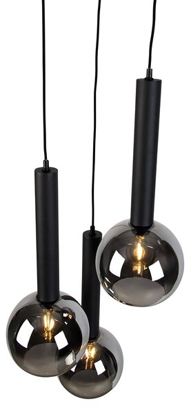 Lampada a sospensione moderna nera con vetro fumé 3 luci - Clayton