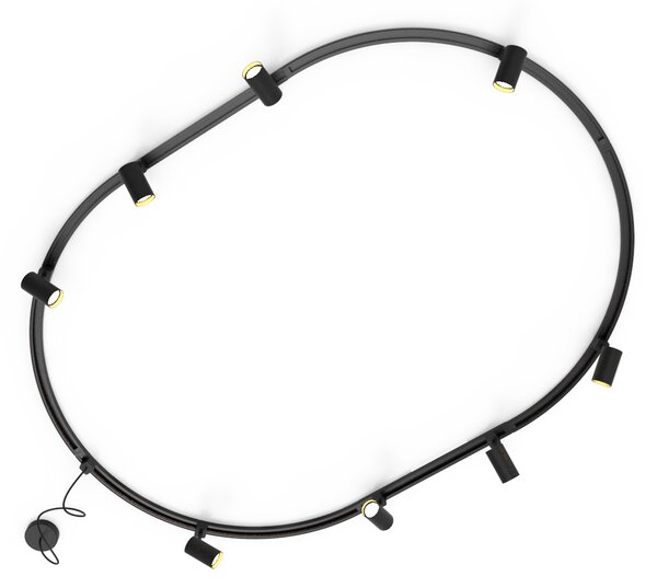 Sistema di illuminazione a binario moderno con 8 faretti neri, monofase, ovale, 200 cm - Iconic Jeana