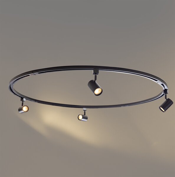 Sistema di illuminazione a binario moderno con 4 faretti neri monofase rotondi - Iconic Jeana