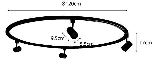 Sistema di illuminazione a binario moderno con 4 faretti neri monofase rotondi - Iconic Jeana
