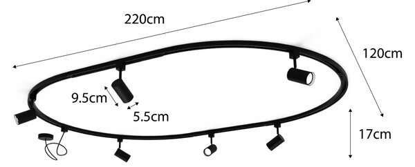 Sistema di illuminazione a binario moderno con 8 faretti neri, monofase, ovale, 200 cm - Iconic Jeana