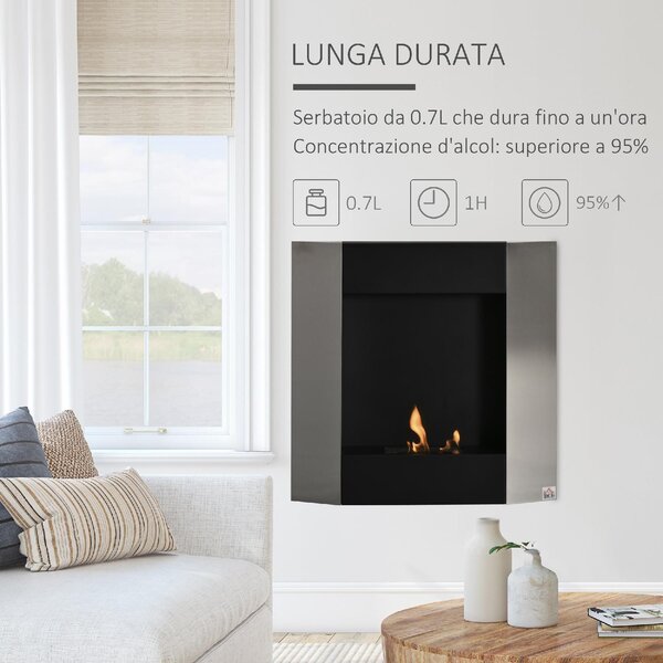 DecHome Camino Bioetanolo da Parete con Serbatoio 0.7L e Copertura 20mq Argento/Nero