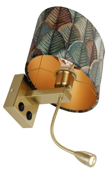 Lampada da parete in ottone con paralume ovale in velluto, motivo a foglie, 25 cm - Brescia Combi