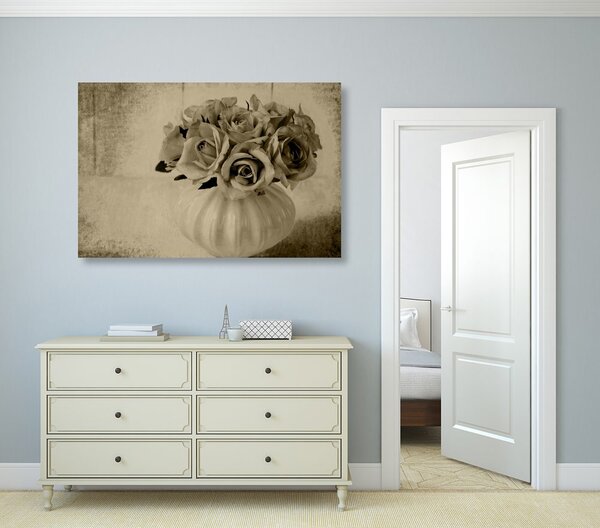 Quadro su tela – Rose nel vaso in versione seppia